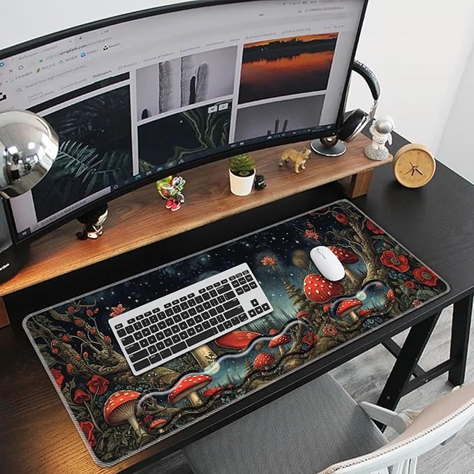 Keyboard Mouse Pad Set,Large Mouse Pad+Keyboard Wrist Rest+Wrist Support+Coaster,31.5x11.8in Extended Desk Mat for Computer Laptop Office Home-Mushroom Forest