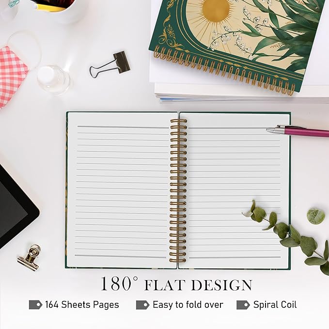 Green Boho Floral Spiral Notebook, Vintage Lily Sun Botanical Flowers Journal Notebook, Green Floral Notebooks for School Work, Boho Office Supplies Gifts for Women, 5.5x8.3 Inch