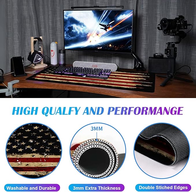 Large Extended Gaming Mouse Pad with Stitched Edges, Non-Slip Waterproof Rubber Base Mouse Pad for Office, Computer, Keyboard, Laptop and Home Desk Pad 35.4 x 15.7 x 0.12 Inch (American Antique Flag)