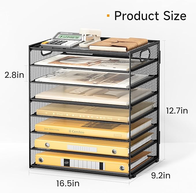 Lavatino 8 Tier Paper Organizer for Desk, Black Mesh Letter Tray File Sorter Organizers with Handles, Include 5 Pcs Adjustable Slid Tray for Office School Classroom Supplies Organization and Storage