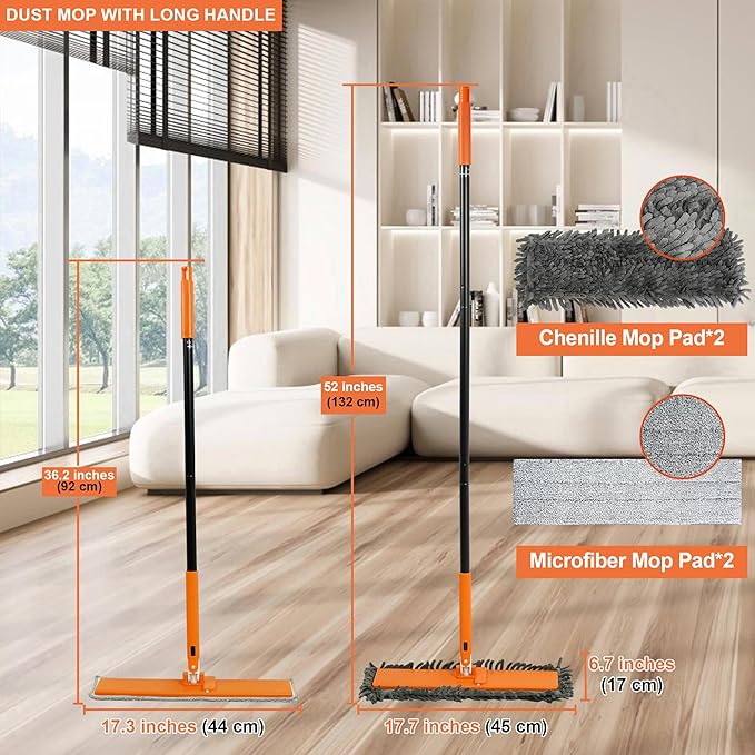 JEHONN Dust Mop for Hardwood Floors, Broom Duster with Unique 90° Foldable Panel, 2 Chenille and 2 Microfiber Pads, Dry Wet Flat Dustmop for Cleaning Vinyl, Laminate, Tile, Marble (Orange)