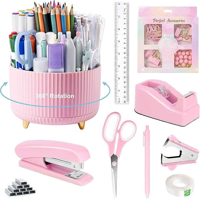 Pink Desk Accessories, Pink Office Supplies 360°Pen Holder Desk Organizers and Accessories with Tape Dispenser, Stapler, Staple Remover, 1000 Staples, Tape, Clips Set, Ruler, Scissor, Pen