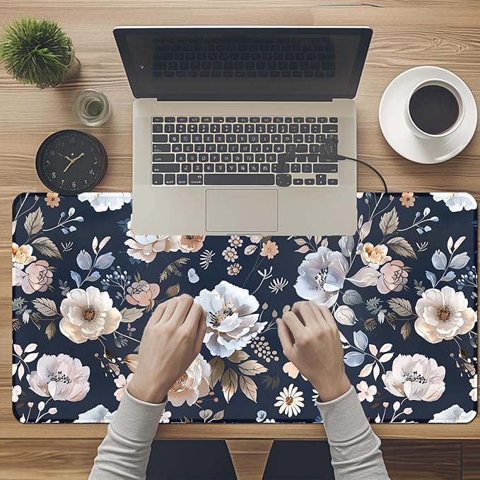 Floral Large Desk Mat 31.5 x 15.7 inch, Waterproof Extended Gaming Mousepad XXL, Aesthetic Flowers Desktop Mat, Non-Slip Keyboard and Laptop Pad, Computer Writing Mat for Home Office Accessories