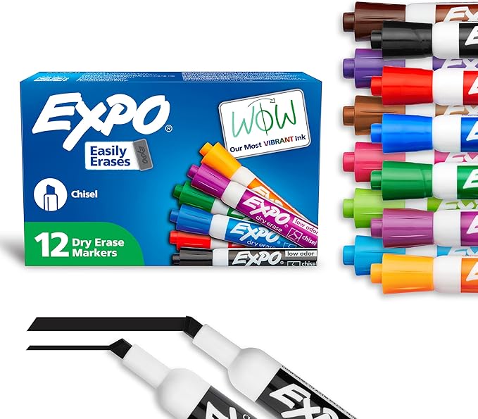 EXPO Low Odor Dry Erase Markers Chisel Tip Assorted Colors 12 Count