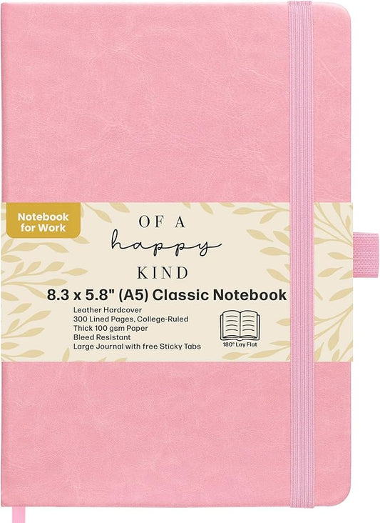 Lined Leather Bound Journal Notebook, A5 Hardcover - Pink 5.8x8.3" - Thick 300 Pages College Ruled Paper Journals for Men and Women - Personal and Professional Note Book for Writing & Journaling