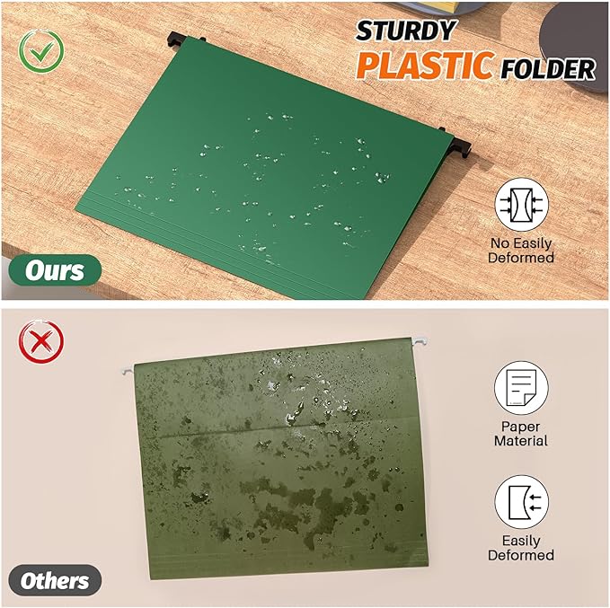 Plastic Hanging File Folders,Letter Size,Reinforced Hang Folders,Standard File Folders for Filing Cabinet,Plastic Hanging Folders,1/5-Cut Tabs,Designed for Home and Office,Green,12 Pack