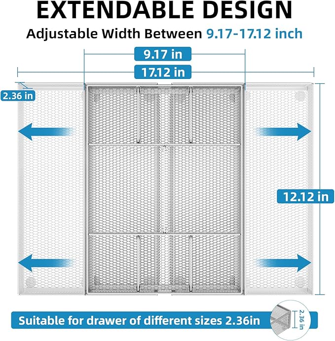 Marbrasse Expandable Desk Drawer Organizer, Mesh Tray with 10 Adjustable Compartments, Desk Organizers for Office Supplies, Makeup & Vanity (Expandable-Silver)