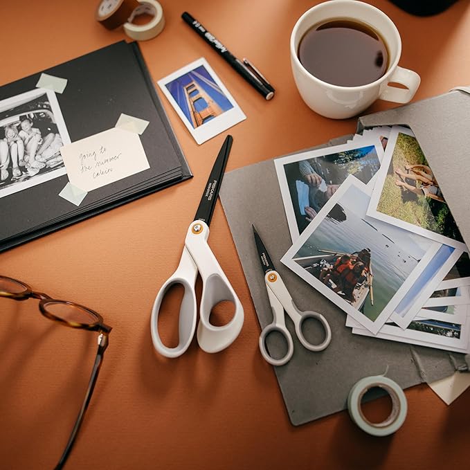 Fiskars 8” Premium Non-Stick Comfort Grip Scissors Ideal for Sticky Materials like Vinyl, Tape, and Glue, with Ergonomic Bent Handles for Precise Tabletop Cutting