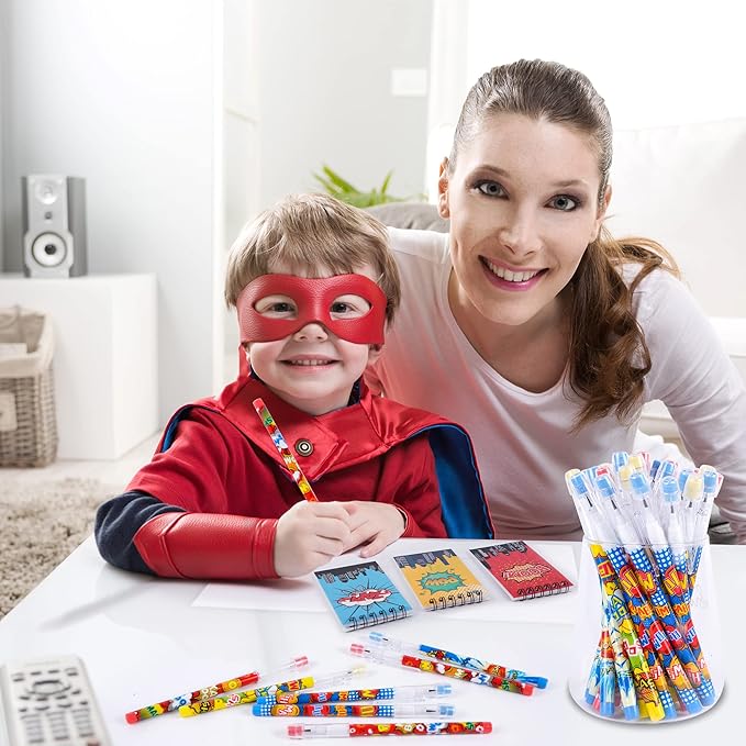 Kolewo4ever 48 Pieces Hero Text Theme Set:24Pcs Translucent Pencil Multipoint Non Sharpening Stackable Pencils 24Pcs Mini Spiral Notepad Memo Pad Pocket Notebooks