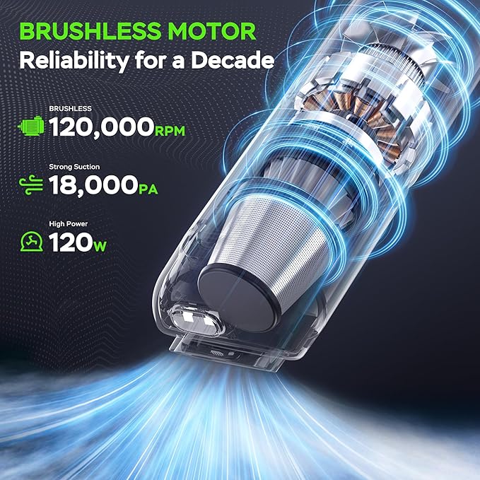 Portable Car Vacuum Cordless, 18000Pa 4-in-1 Suction Power Mini Vacuum Cleaner, 120W Brushless Motor Handheld Vacuum Cordless Rechargeable, 7800mAh Battery, LED Light, Multi-Nozzle for Car, Home, Pet