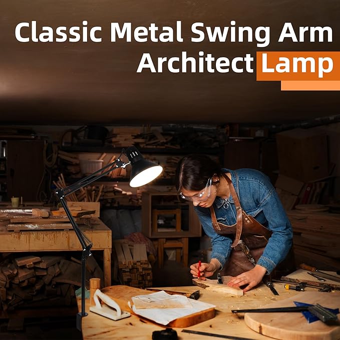 Desk Lamp for Home Office Eye-Caring Metal Extra Tall Swing Arm High Intensity Clamp Flexible Gooseneck w/A19 E26 LED Bulb Side Table Working Reading Architect Computer Workbench Puzzle Warm Light