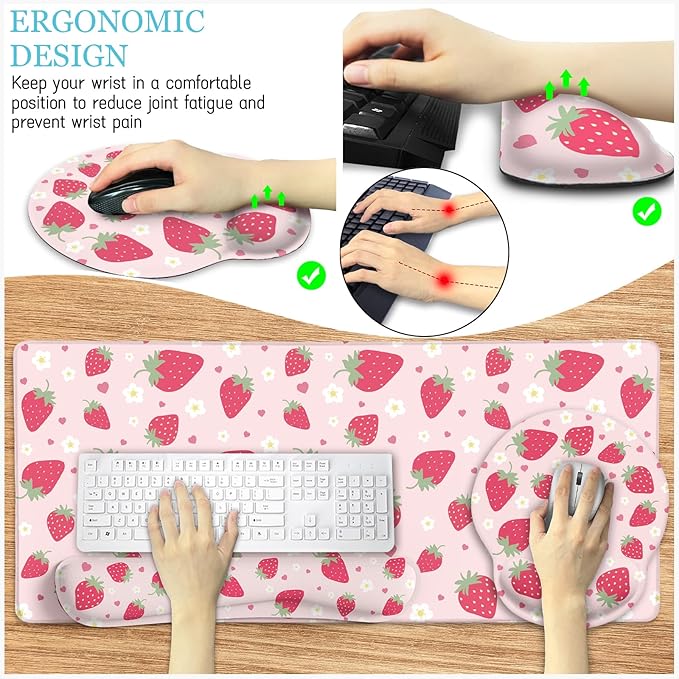 Strawberry Mouse Pad Desk Mat Set, Pink Ergonomic Mouse Pad with Wrist Rest, Large Gaming Mousepad Wrist Support Keyboard Mat Cup Coaster Set, Cute Office Desk Decor Accessories Supplies