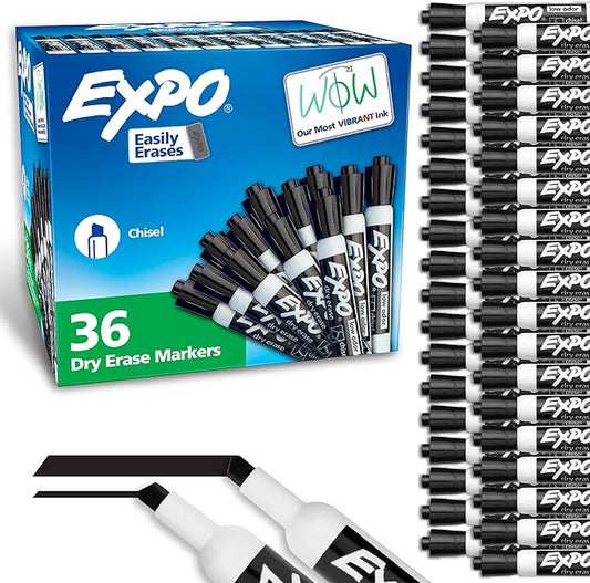 EXPO Dry Erase Markers Chisel Tip Black Low-Odor Perfect for Whiteboards Non-Porous Surfaces & Home Offices (Pack of 1 36 Count Total)