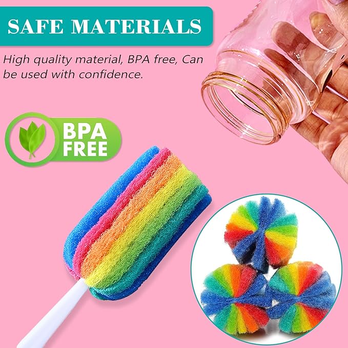 Bottle Brush Cleaner 4PCS Sponge Cleaning Brushes Long Handle Scouring Pad Scrub Brushes for Kitchen Clean Baby Bottle Glasses Mugs Cups (4 PCS)