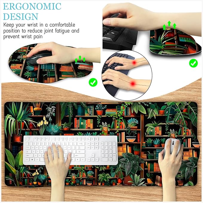 Book Mouse Pad Set Large Desk Matt for Desktop, Ergonomic Mouse Pad with Wrist Rest, Gaming Mouse Pad Wrist Support Keyboard Mat Cup Coaster Set Cute Office Desk Decor Accessories
