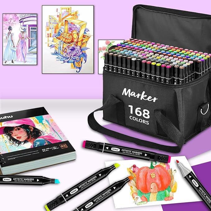 168 Colors Alcohol Markers, Permanent Dual Tip Art Markers with Brush Tip & Chisel Tips for Coloring, Illustrations, Drawing, Sketching Perfect for Adults and Kids with Carrying Case