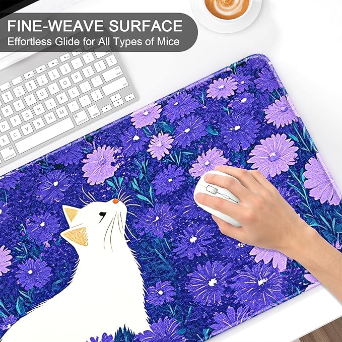 Auhoahsil Large Gaming Mouse Pad, Cute Cat XXL 35.4 x 15.7 in Desk Pad Stitched Non-Slip Rubber Long Computer Mousepad Thin Extended Full Size Desk Mat for Desktop, Laptop, Wireless Mice, Purple