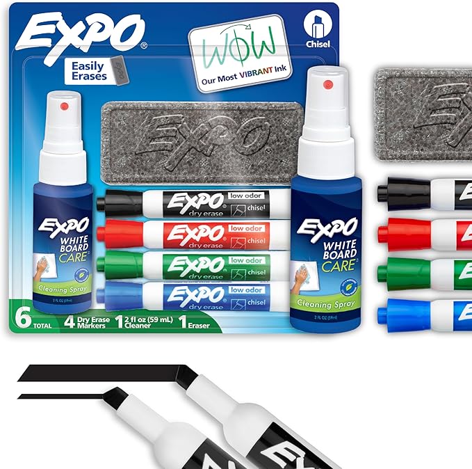 EXPO Dry Erase Markers Kit, Chisel Tip, Assorted Colors, Eraser, Spray Cleaner, 6 Count - Vibrant Ink, Ideal for Classroom, Back to School Supplies, Teachers, Office, Whiteboard & Home