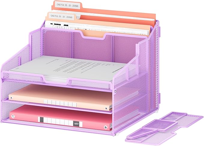Lavatino Desk Paper File Organizer - Metal Mesh with 2 Letter Trays, 7 Flexible Dividers, 2 Vertical File Folder Holders for Office/Home/Classroom Supplies, Desk Organizers and Accessories, Purple
