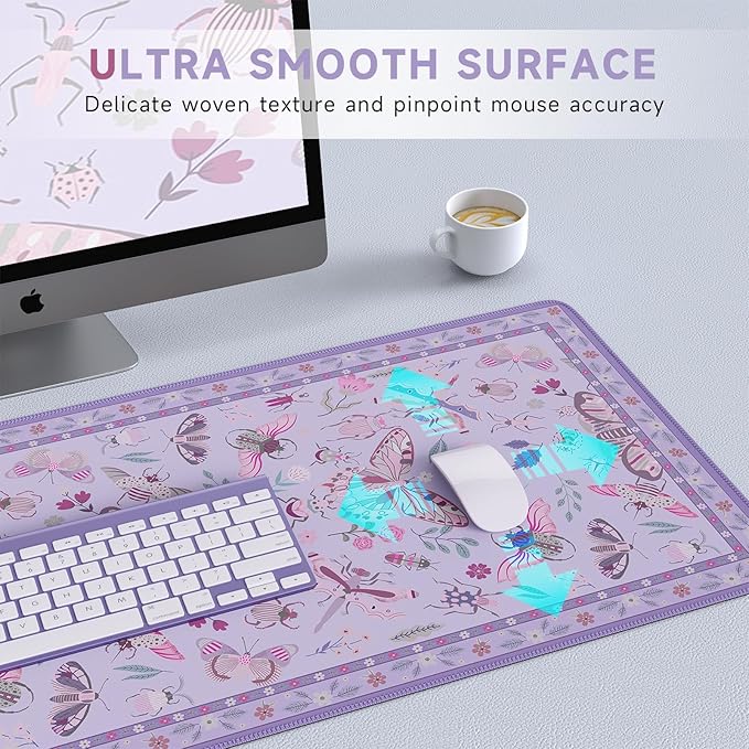 HAOCOO Purple Desk Mat, Computer Mouse Pad, Floral Desktop Mat with Non-Slip Rubber Base, Waterproof XXL Mousepad, Soft Computer Mouse Pad for Gaming, Office Aesthetics