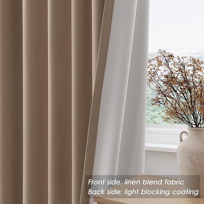 Blackout Tan Linen Curtains 96 Inches Long Back Tab Heat Reflective Full Light Block Out Curtains 2 Panels for Bedroom Windows Textured Long Draperies with Liner Floor to Ceiling Length 8 Ft 52x96