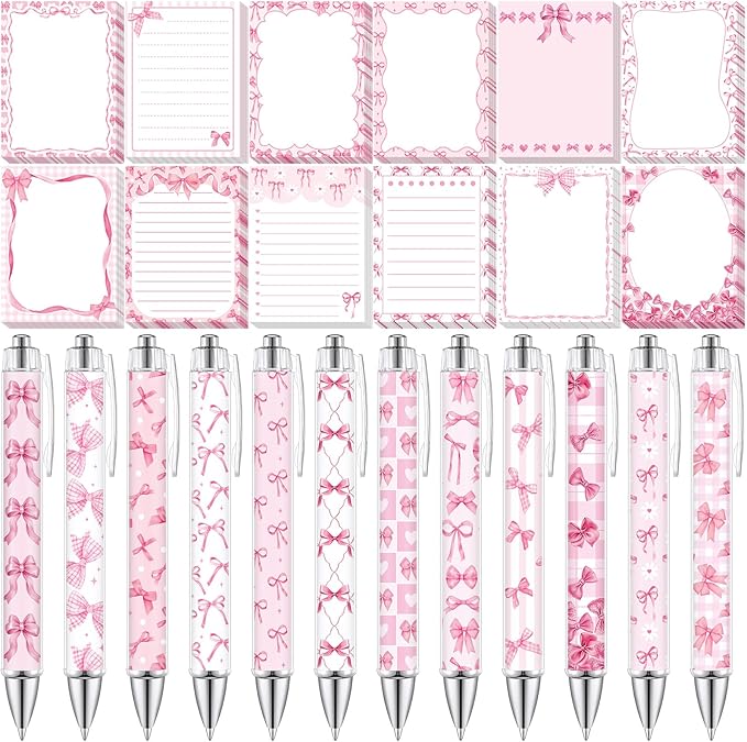 24 Pcs Pink Bow Sticky Notes with Pens Coquette Bow Themed Self Adhesive Notepad Black Ink Ballpoint Pen Office Supplies Coquette Gift for Birthday, Bachelorette, Bridal, Engagement