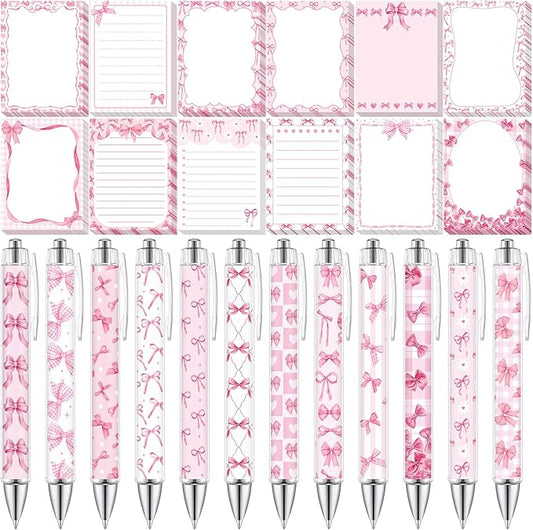 24 Pcs Pink Bow Sticky Notes with Pens Coquette Bow Themed Self Adhesive Notepad Black Ink Ballpoint Pen Office Supplies Coquette Gift for Birthday, Bachelorette, Bridal, Engagement