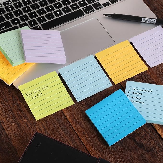 9 Pack Lined Sticky Notes 3x3 in Post Sticky Notes with Lines, 9 Multi Colors Ruled Colorful Super Sticking Power Memon Pads, 82 Sheets/Pad