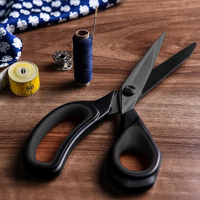 LIVINGO 8.5” Premium Heavy Duty Scissors, Forged Stainless Steel Titanium Coated Sharp Fabric Shears All Purpose for Sewing Tailor Dressmaking Crafting Cutting Leather Home Office Use, Black