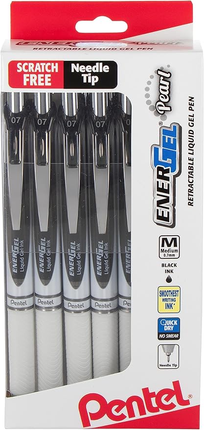 Pentel EnerGel PEARL Retractable Liquid Gel Pen, 0.7mm Medium Line, Needle Tip, Black Ink, 12 Pack Window Box