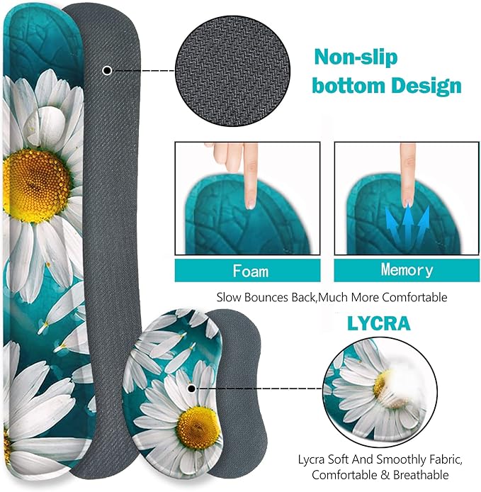 ARTSO Large Gaming Mouse Pad Set, Keyboard Wrist Rest Support + Mouse Wrist Cushion + Extended Mousepad + Coaster, 35x15.5in Multifunctional Desk Mat 4pcs, Cute Daisy