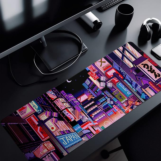 Dark Purple Japanese Gaming Mouse Pad Abstract Anime Mat 31.5x11.8 Inch Tokyo Pixel Street Texture Non-Slip Rubber Base Kawaii Mousepad Stitched Edges Keyboard Desk Pad for Office and Home Game