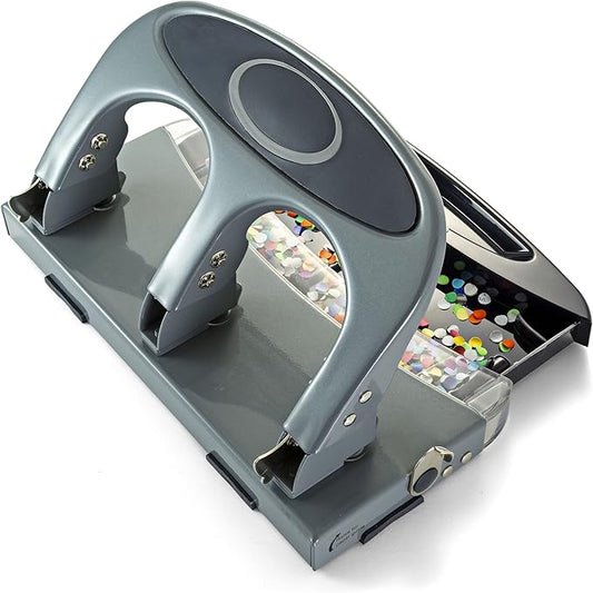 Officemate Deluxe 3-Hole Punch, Heavy Duty, with Chip Drawer, 45 Sheet Capacity (90100), Silver/Navy