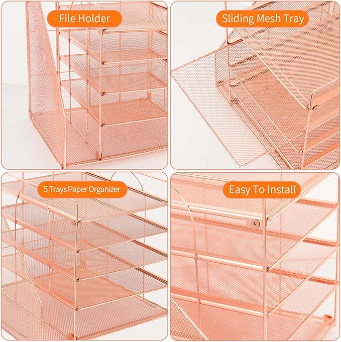 Desk Organizers and Accessories, 5-Tier Paper Letter Tray Organizer with File Holder, Desktop Organizer for Office Supplies, Office Desk Accessories & Workspace (Rose Gold)