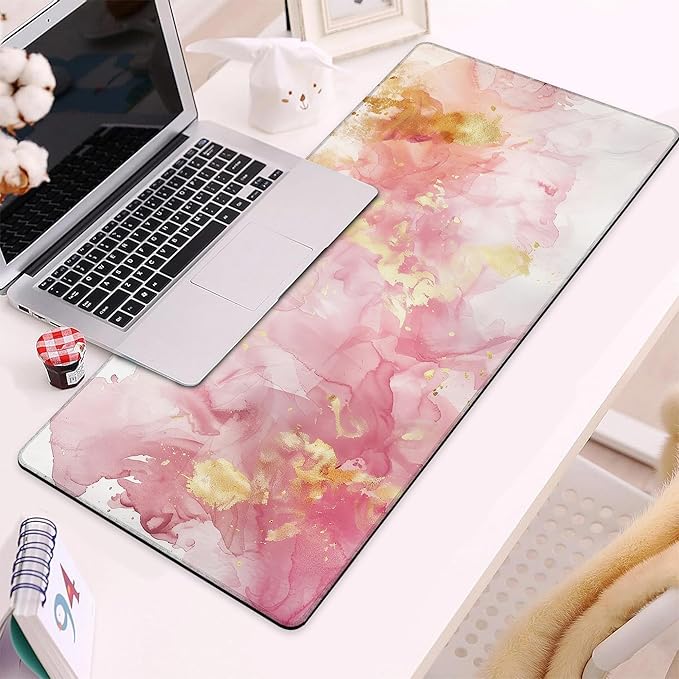 Gaming Mouse Pad, Rose and Gold Liquid Marble Large Desk Mat for Keyboard and Mouse,Non-Slip Rubber Base and Stitched Edges Desk Pad for Home Office 35.4x15.7in
