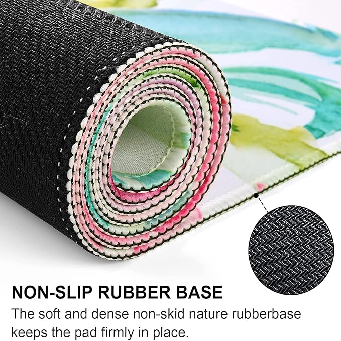 HAOCOO Floral Extended Desk Pad, Large Mouse Mat With Edge Stitching, 2 MM Thick Waterproof Computer Keyboard Mat, Non-Slip Rubber Base for Office