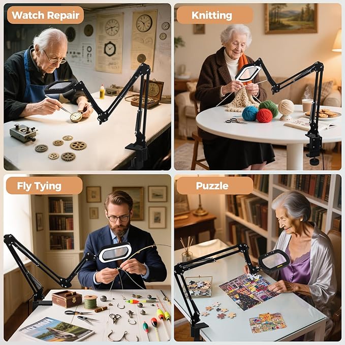 Magnifying Glass with Light Square Magnifier Desk Lamp 10X Close Up Work for Desktop Bench Crafting, Reading, Sewing, Ultra Long Swing Arm 3-Section, 5 Color Modes Design Rectangle Head Controller