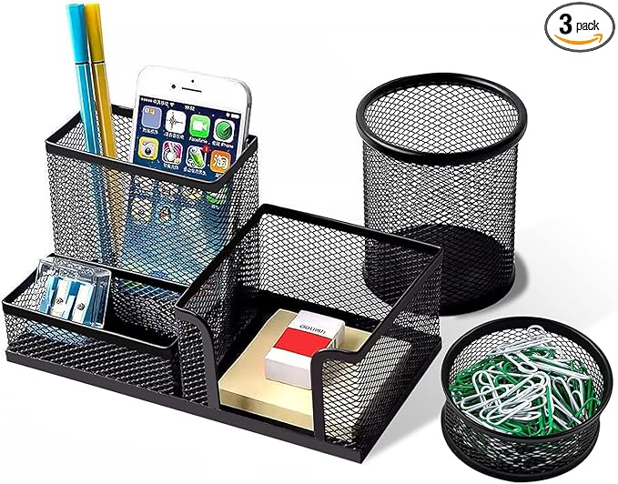 Pen Holder for Desk, Desk Organizers Set-3 Compartments Mesh Pencil Holder with Pencil Pen Cup and Paper Clip holder, Desk Accessories for Marker Craft, Ideal Office School Supplies(3 pack, Black)