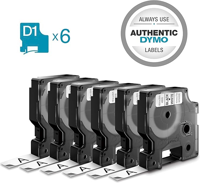 DYMO Labels for LabelManager and LabelWriter Duo Label Makers Great for Organization Indoor or Outdoor Use 1/2" (12mm) x 23' (7m) Black Print on White Tape Water Resistant Pack of 6
