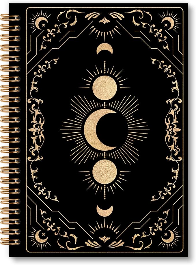 Black Witchy Moon Notebook Journal, Celestial Spiral Notebook, Moon Journal, Black and Gold MoonPhase Notebooks Gifts for Tarot Lovers Women Men, Witchy Gothic School Office Supplies, 6x8.2In