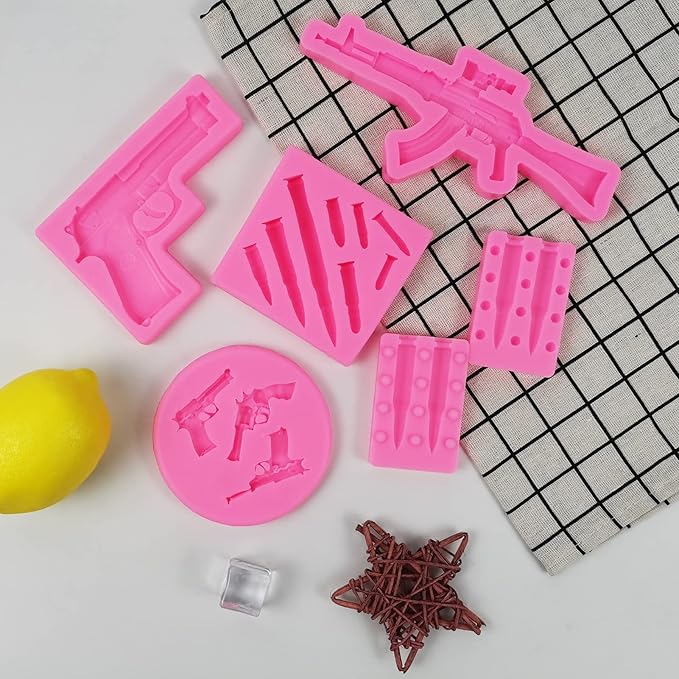 Gun Bullet Silicone Molds Pistol Fondant Mold 3D Machine Gun Molds For Cake Decorating Candy Chocolate Cupcake Topper Decor Tools DIY Polymer Clay, Desserts, Crafting Projects, Jewelry Making(6 Pcs)