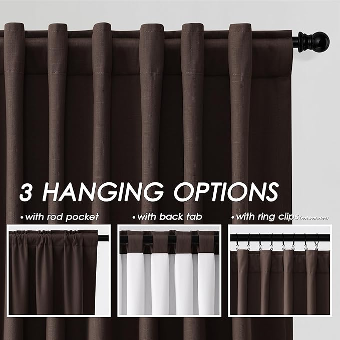 Nanspring Coffee Linen Blackout Curtains 72 inch Length for Living Room Boho Farmhouse Back Tab Rod Pocket Thermal Insulated Textured Living Room Blackout Curtains 2 Panels Set 52x72 Inch