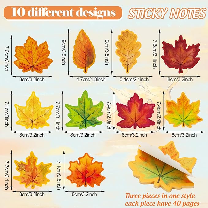30 Pack 1200 Sheets Fall Maple Leaves Sticky Notes Colorful Autumn Leaves Self-Adhesive Notepads Thanksgiving Memo Pad Message Reminder for Office Home School Supplies