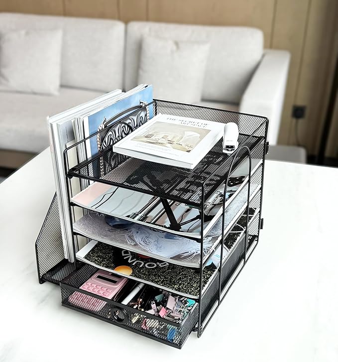 5-Tier Paper Letter Organizer with File Holder, Desk Organizer with Drawer, Mesh Desktop Storage with Magazine Holder for Office Supplies (Black)