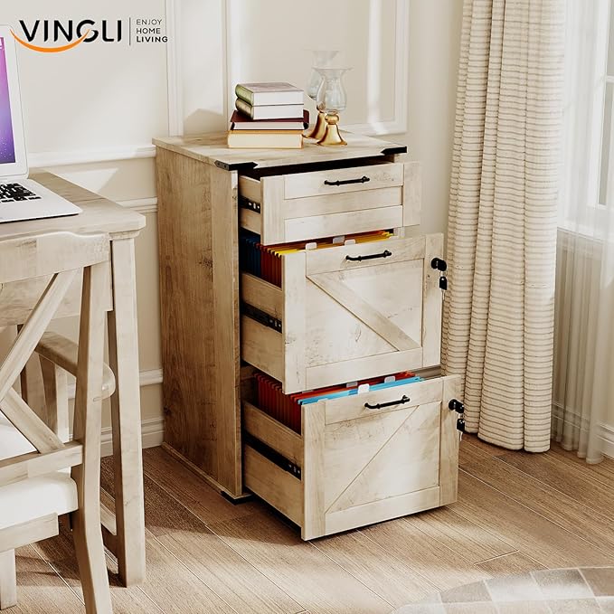 VINGLI 3 Drawer File Cabinet with Lock, Home Office Filing Organizer, for Letter Size File Folder Storage, Modern Farmhouse Style, Wood Vertical Filing Cabinet, Archivador (Rustic Gray)