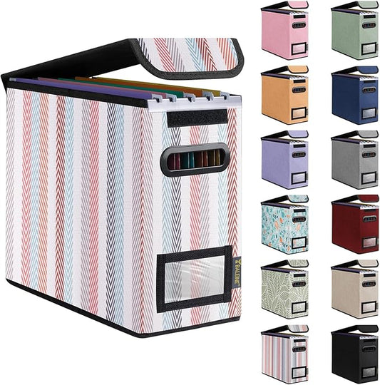 BALEINE File Organizer Box with Lid, Collapsible File Folder Organizer with Plastic Slide, Hanging File Folder Box for Office Document Storage (1 Pack, Color Stripe, S)