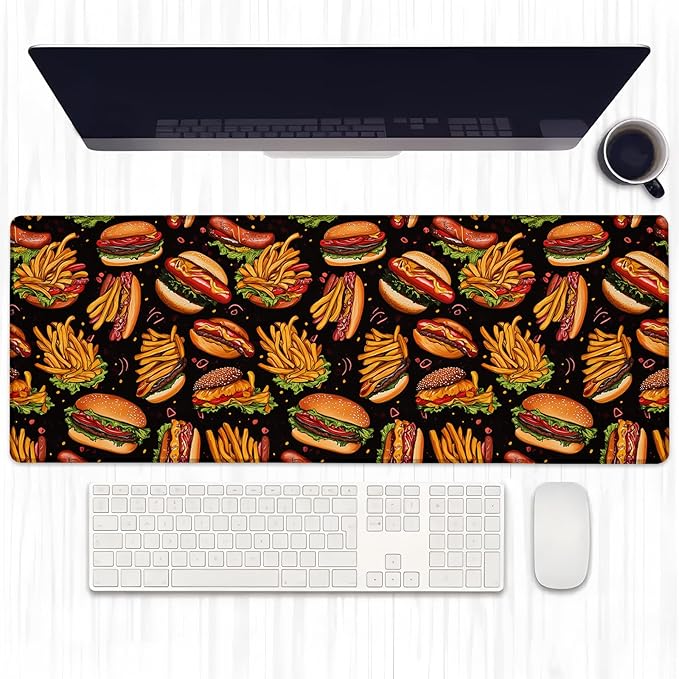 Tasty Burger Gaming Mouse Pad, Extended Fries Hot Dog Desk Mat Computer Laptop Mousepad, Robust Stitched Edges, 31.5"×11.8" Large Office Keyboard Hamburger Mouse Pads for Home Desktop Decor