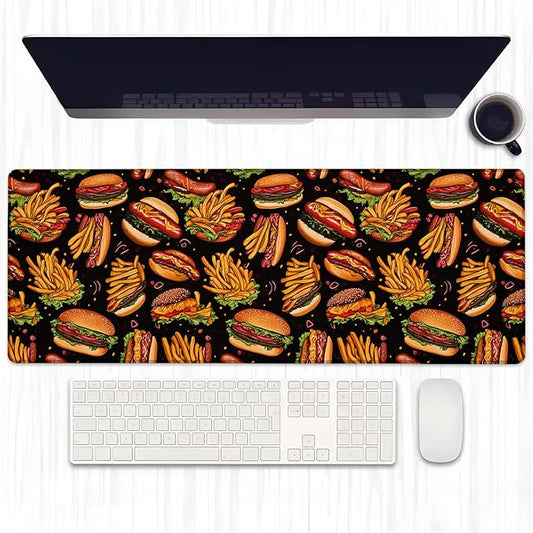 Tasty Burger Gaming Mouse Pad, Extended Fries Hot Dog Desk Mat Computer Laptop Mousepad, Robust Stitched Edges, 31.5"×11.8" Large Office Keyboard Hamburger Mouse Pads for Home Desktop Decor