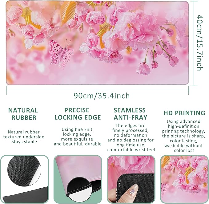 Large Mouse Pad Cherry Blossom Butterfly Extended Gaming Mouse Pad Non-Slip Desk Mat with Stitched Edge Laptop Computer Keyboard Mousepad for Office Home 35.4" x 15.7"