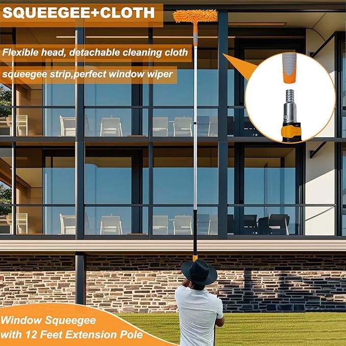 20 Ft+ Reach 2 in 1 Window Squeegee Duster with 5-to-12 Foot Extension Pole, Cleaner Tool with 3-Stage Telescoping Pole, Cleaning Kit with Rotatable Head - Chenille Cloth + Microfibre Cloths Head